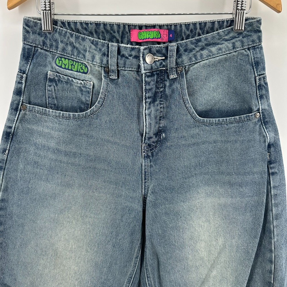 Empyre Wide-Leg Baggy Jeans Womens 4 Blue Denim Whisker High Rise 5-Pocket Logo